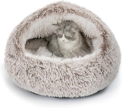 CATISM Plush Hooded Cat Bed, Calming Nest, Self-Warming Cave, Cozy Pod for Indoor Cats or Small Dogs, Removable Washable Cove With Non-Slip Bottom