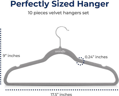 SereneLife 10-Pack Velvet Hangers – Non-Slip Clothes Hangers with Heavy Duty Design, Slim Space-Saving Coat Hangers with 360° Swivel Hook, Strong Lightweight Closet Organizer Set for Clothes (Grey)