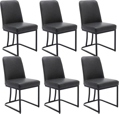 Charcoal PU Leather Dining Chairs Set of 6 Mid Century Modern Comfortable Dining Room Chair with Curved Backrest, Upholstered Kitchen Side Chairs with Black Metal Legs
