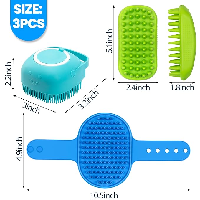 3PCS Dog Bath Brush, Shampoo, Shower, Scrubber for Bath, Dog Bath Supplies, Suitable for Deshedding, Washing & Grooming of Short and Long Haired Pets (Blue Green Blue)