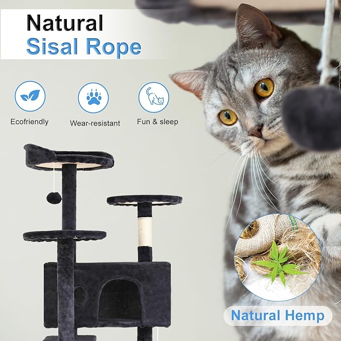FDW | 54" Cat Tree Tower | Dark Gray | Multi-Level Indoor Activity Center with Sisal Scratching Posts, Condos, Plush Perches, Hanging Cat Toys | Sturdy, Easy to Assemble | for Kittens & Adult Cats