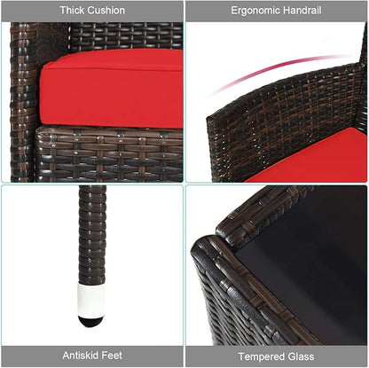Tangkula 8 PCS Patio Rattan Conversation Set, Outdoor Wicker Furniture Set with Tempered Glass Coffee Table &Thick Cushion, Rattan Chair Wicker Set for Garden, Lawn, Poolside and Backyard (2, Red)