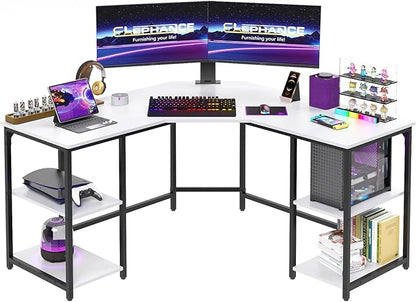 Elephance L-Shaped Desk with Shelves, Computer Corner Desk, Home Office Writing Workstation, Gaming Desk PC Laptop Table with Storage