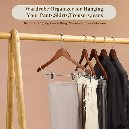 Wooden Pants Hangers 12 Pack With Clips - Adjustable Heavy Duty for Skirts, Jeans, Slacks, Shorts (Walnut)