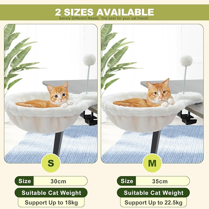 PAWZ Road Cat Bed for Desk, Large Cats Hammock with Plush Ball，12 Inches in Diameter,Space-Saving Cat Desk Bed, White Cats Hammock for Table Supports Up to 40lbs, Medium
