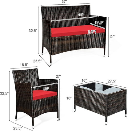 Tangkula 4 PCS Patio Rattan Conversation Set, Outdoor Wicker Furniture with Tempered Glass Coffee Table & Thick Cushion, Rattan Chair Wicker Set for Garden, Lawn, Poolside and Backyard (1, Red)