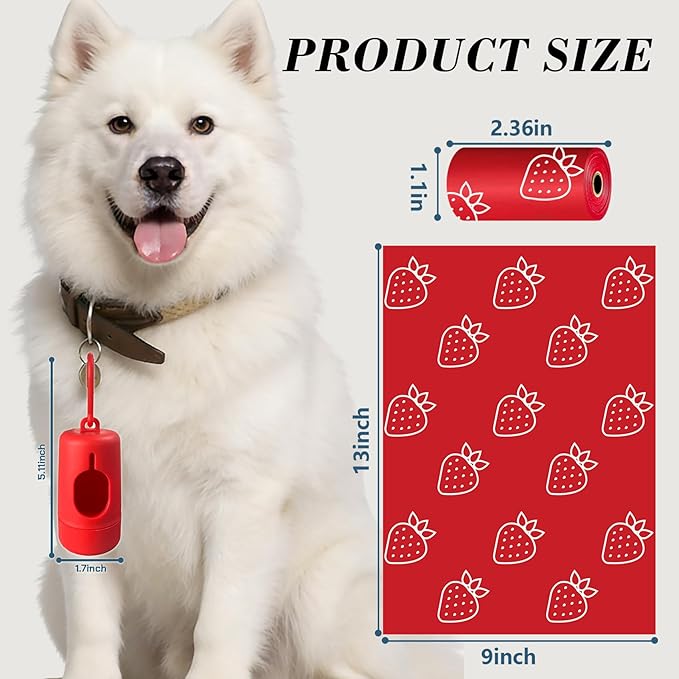 Strawberry Scented Dog Poop Bags - 630 counts red Pet Waste Bags with Dispensers, Extra Large 13x9 Inch Leak-Proof Fragrance Bags for Dogs Walking and Cat Litter