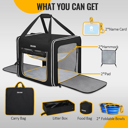 Petskd Portable Double Cat Carrier with Litter Box for Multiple Cats 2in1 Car Travel Carriers 36x17x17in Dual Large Cat Carrier with Safety Locking Zippers for Long Distance Travel