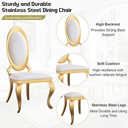 7-Piece Dining Table Set for 6, Faux Marble Modern Dining Table Set with 6 Big Oval Backrest Chairs, 70“ Stainless Steel Legs Table & Chair Set for Kitchen, Dining Room, White & Gold