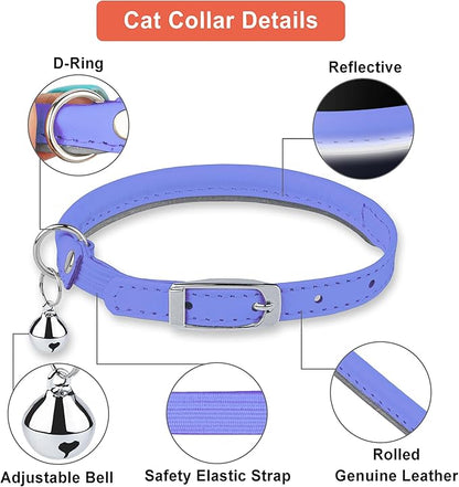 OOPSDOGGY Rolled Leather Cat Collar with Bell, Reflective Kitten Collars with Buckle Include Safety Elastic Strap - Adjustable Small Pet Collars for Boy Girl Cats (Lilac)