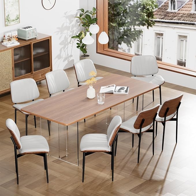 Dining Chairs Set of 6, Dining Room and Kitchen Chairs, FSC Certified Mid Century Modern Accent Chair, Upholstered PU Leather Chairs for Vanity with Walnut Bentwood and Metal Legs, White
