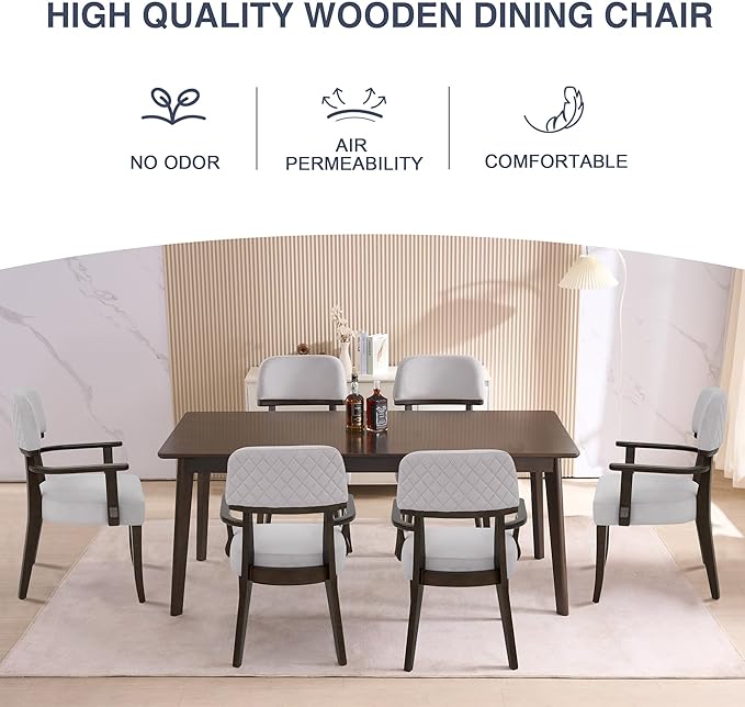 Modern Wood Dining Chairs with Arms Set of 2, Velvet Upholstered Kitchen Chairs with Open Curved Backrest & Black Hardwood Legs, Accent Chairs 350 LBS Capacity, Grey