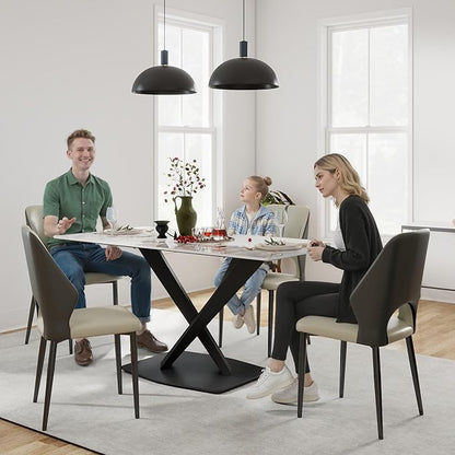 63" Modern Dining Table for 4-6 People, White Sintered Stone Table Top with X-Shape Carbon Steel Pedestal, Large Rectangular Table for Kitchen Living Room