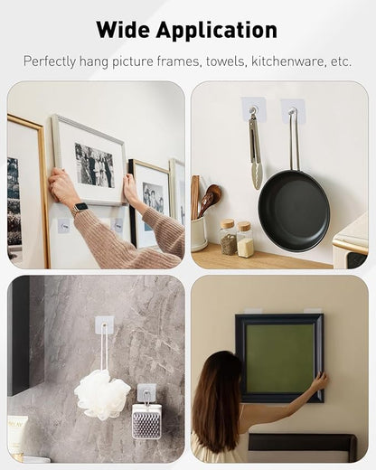 Uniclife 10 Pcs Self Adhesive Picture Hooks, 26.5 lbs Load Heavy Duty Picture Hangers Without Nails, 16 mm Adhesive Wall Hooks for Hanging, Transparent Waterproof Sticky Hooks for Bathroom Kitchen