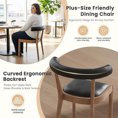 Kmax Dining Room Chairs Mid-Century Modern Leather Kitchen Chairs with Natural Walnut Finished Frame, PU Curved Back, Set of 4, PU Black
