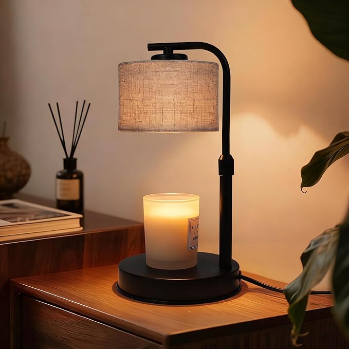 Candle Warmer Lamp with Timer,2 Bulbs, Metal Base and Adjustable Height Fabric Shade Candle Warmer Lamp for All Jar Candles, House Warming Decor Gifts, French Gold (Metal)