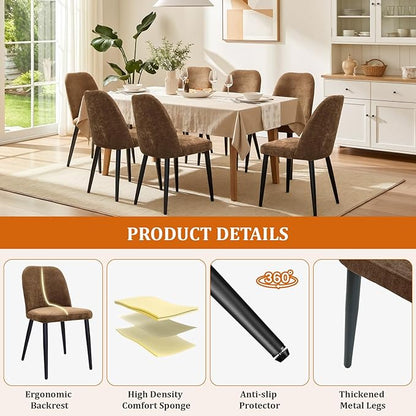 Upholstered Dining Chairs Set of 6, Mid Century Modern Fabric Dining Room Chair High-Back Padded Kitchen Chairs with Padded Seat and Metal Legs for Kitchen Dining Room Restaurant Cafe, Brown