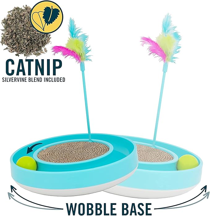 OurPets Wobble Scratch Track Cat Toy - Interactive Cat Toys for Indoor Cats with Ball Track That Rolls; Feather Wand and Scratcher Pad. Great as a Kitten Toy for Self Play to Keep Them Busy