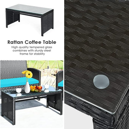 Tangkula 4 Pieces Patio Wicker Conversation Furniture Set, Patiojoy Sofa & Table Set w/4 Seats, Outdoor Rattan Sofa Set for Balcony Backyard, Wicker Chair Set with Tempered Glass Coffee Table