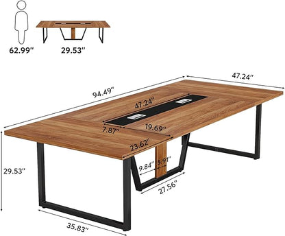 LITTLE TREE 8FT Conference Table for 10 People, Large Meeting Table, Modern Conference Room Tables with Cable Management, Training Tables with Strong Metal Legs for Office, Brown
