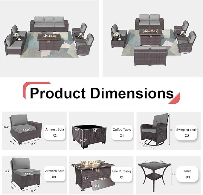 Kurapika 10 Pieces Patio Furniture Set, Rattan Wicker Outdoor Conversation Sets w/43in Propane Fire Pit Table, Swivel Rocking Chairs Patio Sectional Sofa w/4 Inch Cushion, Grey