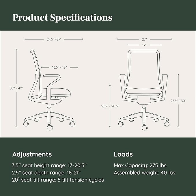 Branch Verve Chair - High Performance Executive Office Chair with Contoured Seat Back and Adjustable Lumbar Rest - High Density Foam Cushion with Aluminum Base - Up to 275 lbs - Mist