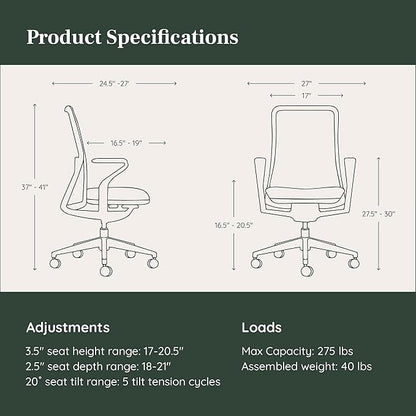 Branch Verve Chair - High Performance Executive Office Chair with Contoured Seat Back and Adjustable Lumbar Rest - High Density Foam Cushion with Aluminum Base - Up to 275 lbs - Wheat