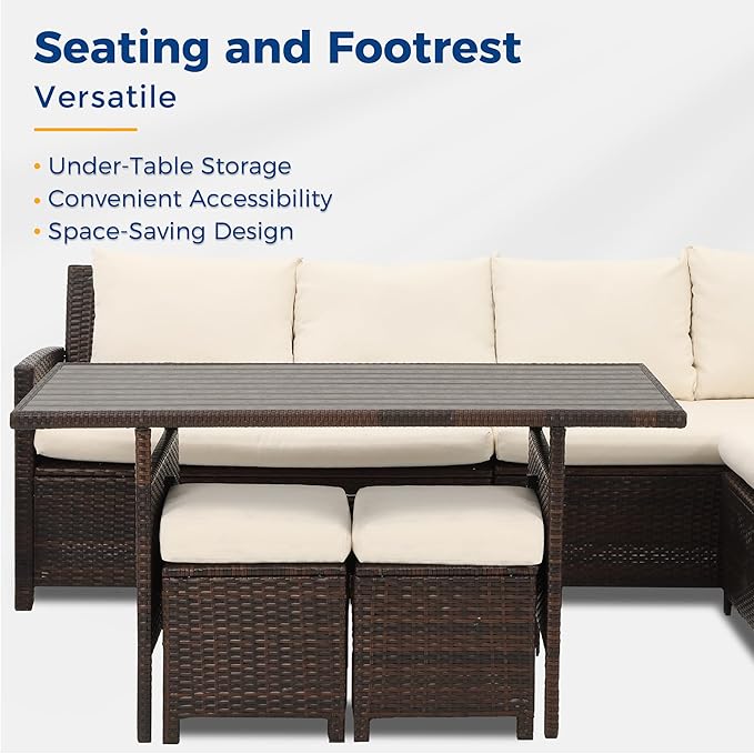 Wisteria Lane Patio Furniture Set, 7 Piece High Curved Back Outdoor Dining Sectional Sofa with Dining Table and Chair, All Weather Wicker Conversation Set with Ottoman, Ivory