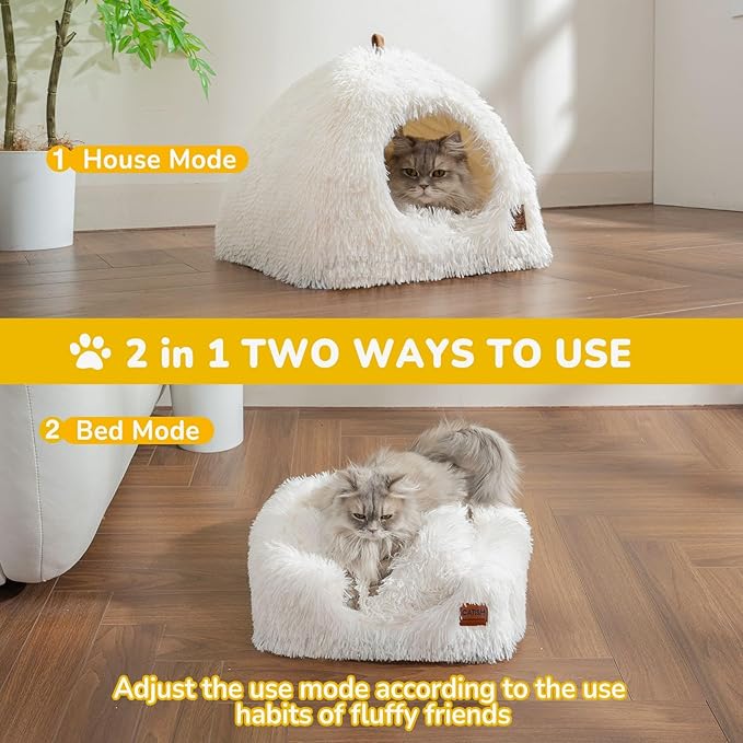 CATISM Cat Bed, Cat Cave for Indoor Cats, Soft Cat Dome, Self-Warming 2 in 1 Foldable Pet Cat House with Washable Cushioned Pillow Calming Fluffy Dog Beds for Small Dogs with Anti-Slip Bottom White