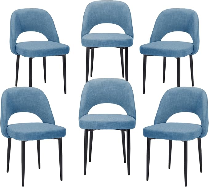 Modern Dining Chairs, Fabric Upholstered Accent Kitchen Chairs with Comfy Padded Seat & Sturdy Metal Legs, Side Farmhouse Chairs for Dining Room, Living Room, Restaurant (Blue, Set of 6)