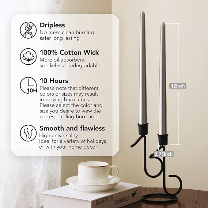 New Burning Formula Unscented Dripless 12-Inch Taper Candles Set of 12 - Silver, for Wedding, Dinner - Smokeless, Long Burning - Hand Poured, Colored Tall Candlesticks - Plata