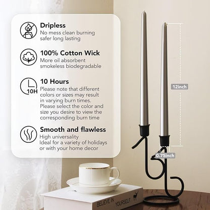 New Burning Formula Unscented Dripless 12-Inch Taper Candles Set of 12 - Silver, for Wedding, Dinner - Smokeless, Long Burning - Hand Poured, Colored Tall Candlesticks - Plata
