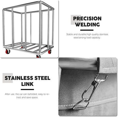 Commercial Laundry Cart on Wheels, 11.35 Bushels Large Roller with Removable Waterproof Canvas Lined Basket, Heavy Duty Stainless Steel for Hotels and Hospitals
