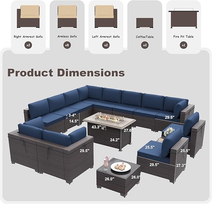 Kurapika 15 Pieces Patio Furniture Set, Rattan Wicker Outdoor Conversation Sets w/43in Propane Fire Pit Table and 4 Inch Cushion(Navy Blue)