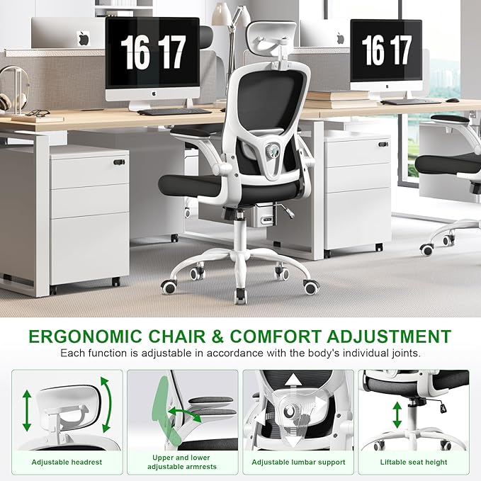 Ergonomic Office Chair with Headrest,Adjustable Back and Lumbar Support, Arm Rest Computer Chair Adults,90-120° Tilt Lock Rolling Swivel,Home Office Task Chair(White-Black)