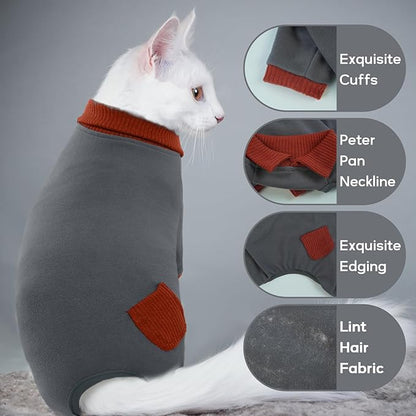QBLEEV Cat Pajamas for Cats Only, Sticky Hair Cat Clothes, Cat Onesie for Cats After Surgery Female Male, Surgical Cat Recovery Suit Full Bodysuit, Long Sleeve Cat Shirts Outfits to Prevent Licking
