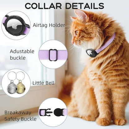 AirTag Cat Collars, Stretchy Collar with Apple AirTag Holder and Bell, Breakaway Ultra Design Elastic GPS Tracking Collars for Cats and Puppies, (7.5-12.5 Inch), Purple