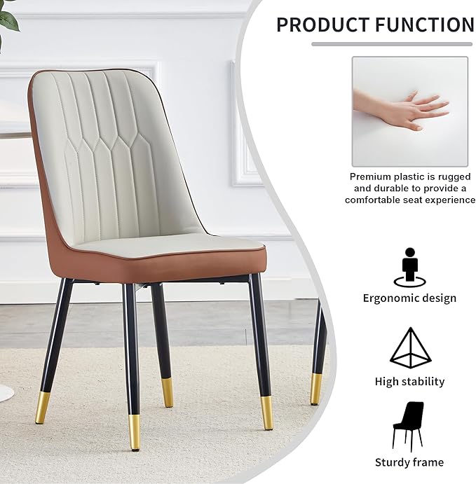 Modern Dining Table Set for 4, Marble Kitchen Table Chair Set for 4, Rectangular Kitchen Table with 4 Pu Leather Upholstered Chair for Dining Room (Brown-C, White Table Set for 4)