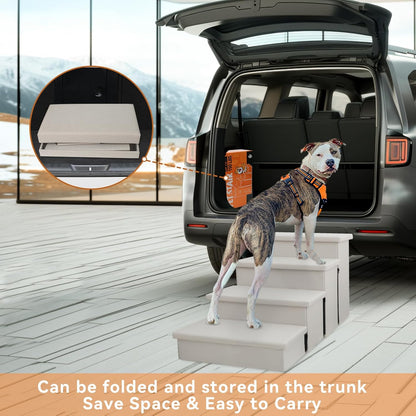 Dog Stairs with Condo 23" H, 4-Step Wider Folding Storage Pet Stairs Gift for Small/Medium/Large Old Dogs Cats, Dog Steps for High Beds Window, Ramp for Climbing Car Up to 200 lbs, Beige