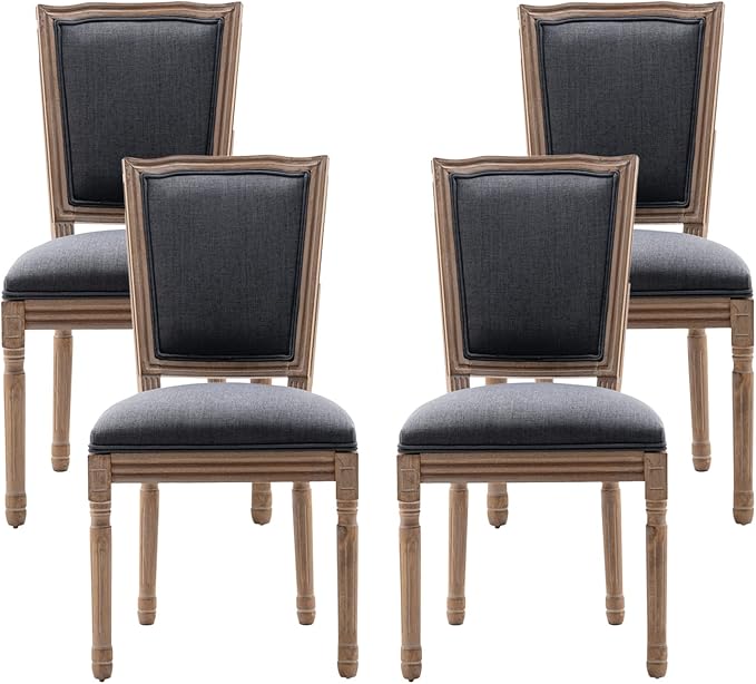 Nrizc Farmhouse Dining Chairs Set of 4, French Dining Chairs with Square Back, Brown Wood Legs, French Bistro Chairs for Dining Room/Living Room/Kitchen/Restaurant, Dark Grey