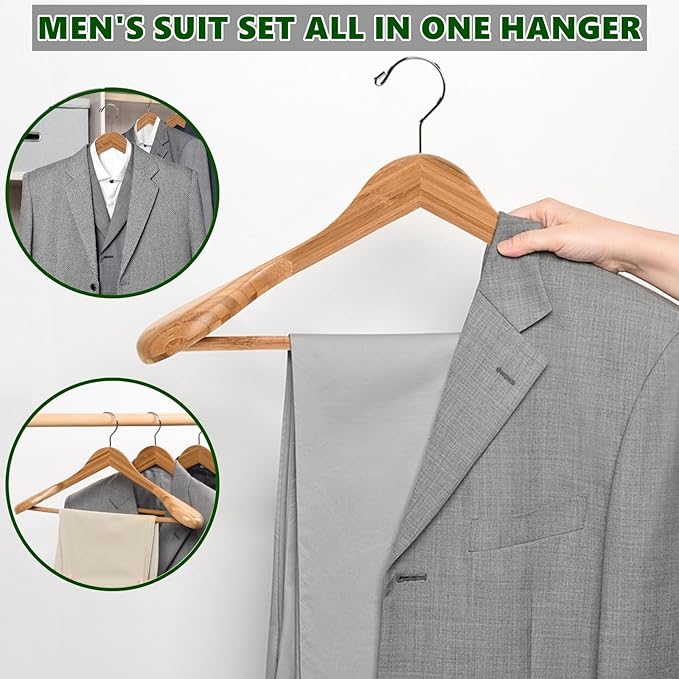 Amber Home 6 Pack Natural Wide Shoulder Bamboo Wooden Suit Coat Hangers, Bamboo Clothes Hangers with Pants Bar, Heavy Duty Bamboo Jacket Hangers for Dress, Pants, Heavy Clothes