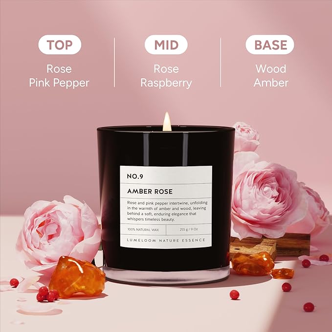 Amber & Rose Luxury Scented Candles, 9oz Soy Wax Candles for Home Scented, Rose, Wood, Amber Scent, Long Burning Time, Gifts for Christmas, Women, Friends, Men, Sister, Mom, Teacher