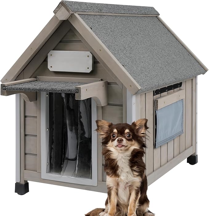 Wooden Outdoor Dog House for Small Dogs, Weatherproof Pet Shelter with Reinforced Frame, Ventilated Window, PVC Door Flap, and Nameplate,18" L x 25" W x 24" H