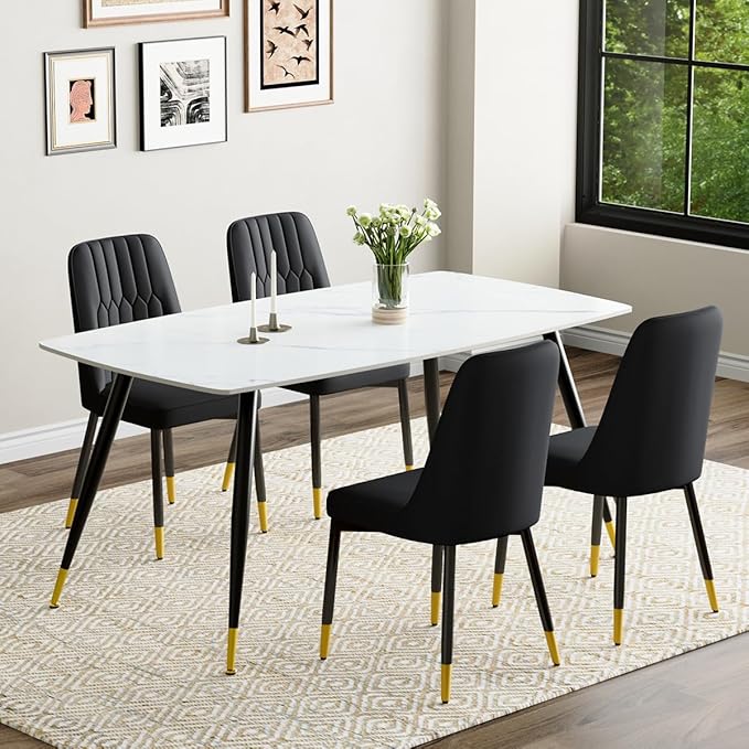 White Dining Table Set for 4, 62'' Dining Table Set for 4, Sintered Stone Dining Room Sets for 4, Easy to Assemble
