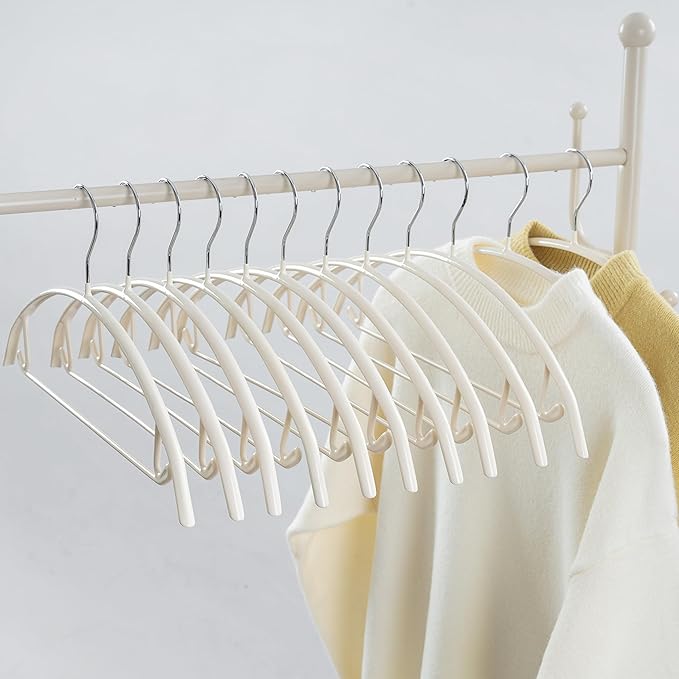 16.5 Inch Ivory No Shoulder Bumps No Mark Non-Slip Rubber Coated Contour Meta Hanger for Sweater T-Shirt Suit Coat Uniform with Pants Bar Pack of 20