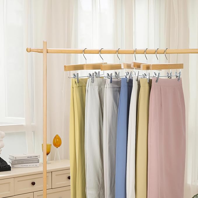Nature Smile Deluxe Wooden Pants Hangers,Solid Lotus Wood Jeans Skirt Hanger with Clips Anti-Rust Hook Pack of 28（Natural）