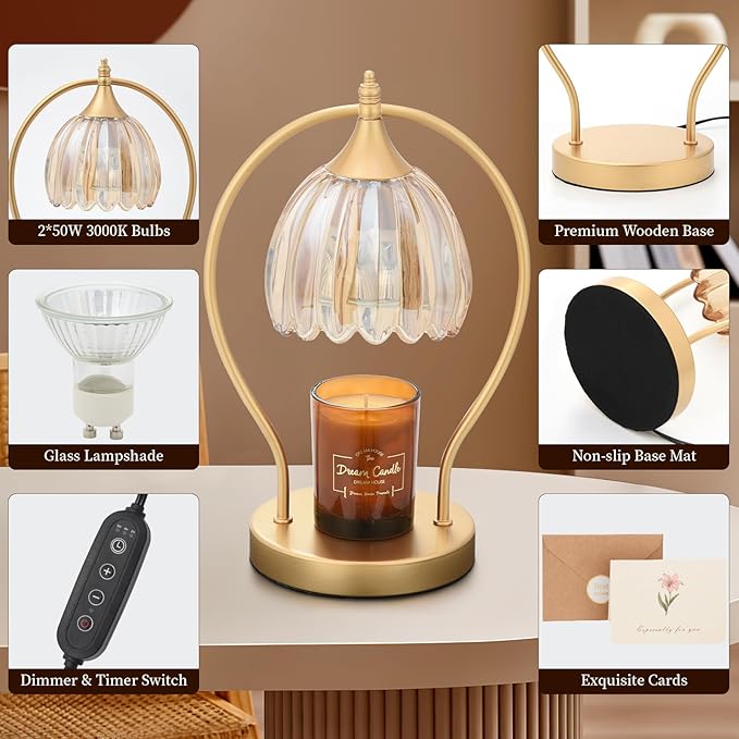 Candle Warmer Lamp with Timer Dimmable: Electric Candle Warmer Birthday Gifts for Women, Mothers Day Gifts for Mom, House Warming Gifts New Home Decor Wax Warmer for Jar Candles with 2 Bulbs