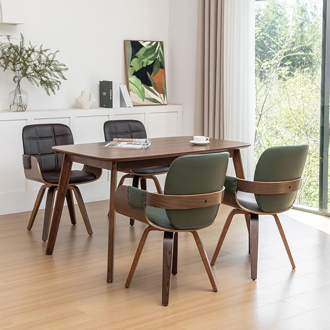 Set of 1 Mid Century Modern Chair - Swivel Dining Chair with Arms and Curved Back, Faux Leather Reception Room Chairs, Ideal for Kitchen/Living Room/Reception/Desk (Coffee Brown)