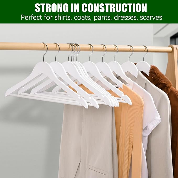 Amber Home White Wooden Hangers 30 Pack - Coat Hangers With Non-Slip Pant Bar for Shirts, Jackets, Dress