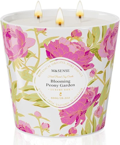M&SENSE Blooming Peony Scented Candle, 28.2oz 3 Wick Natural Soy Wax Large Candles, Long Lasting Clean Slow Burning No Toxic Décor for Home Relaxation, Romantic Dates & Gift-Giving